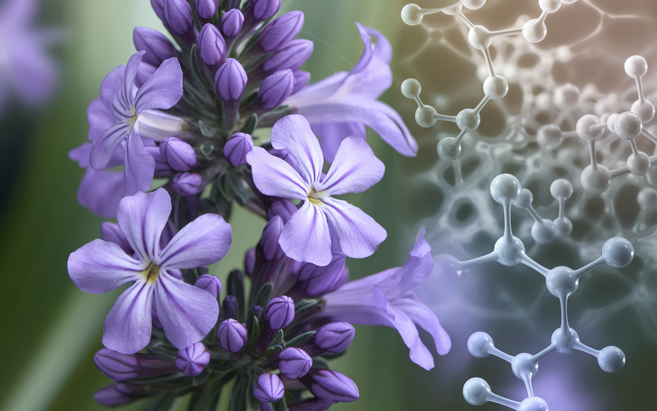 Close-up of violet flowers with molecular structures of peptides floating around them, symbolizing medical research. Soft focus, natural colors.