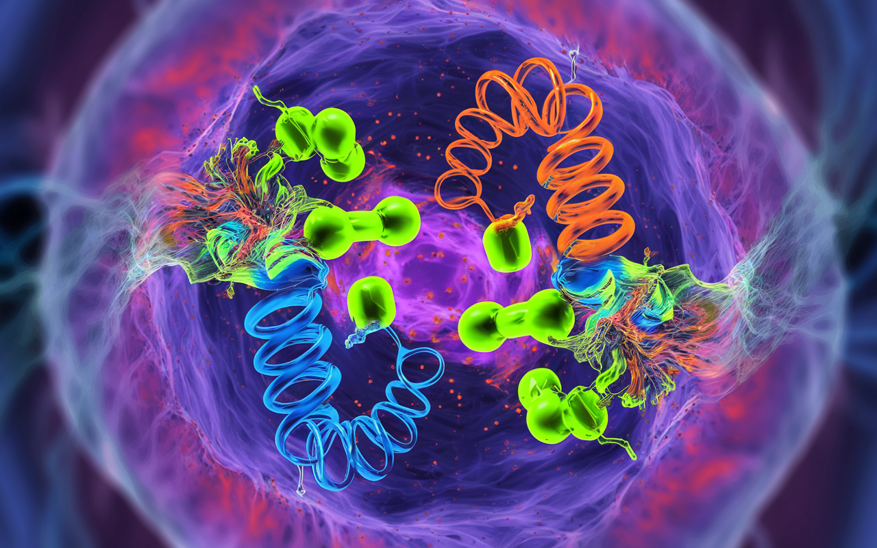 Abstract representation of twin proteins binding with drug molecules in a cellular environment. Radiant colors, microscopic view.