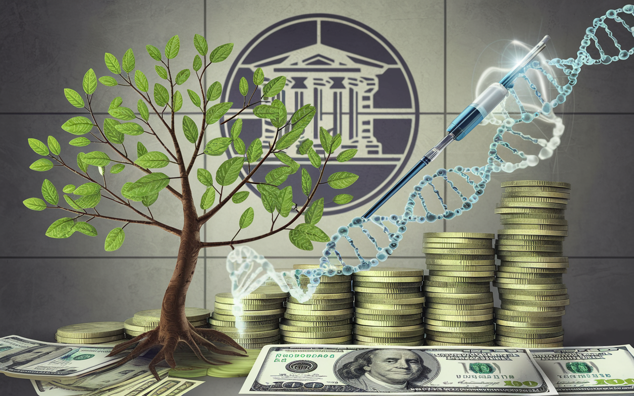 An image depicting financial growth intertwined with gene editing symbols
