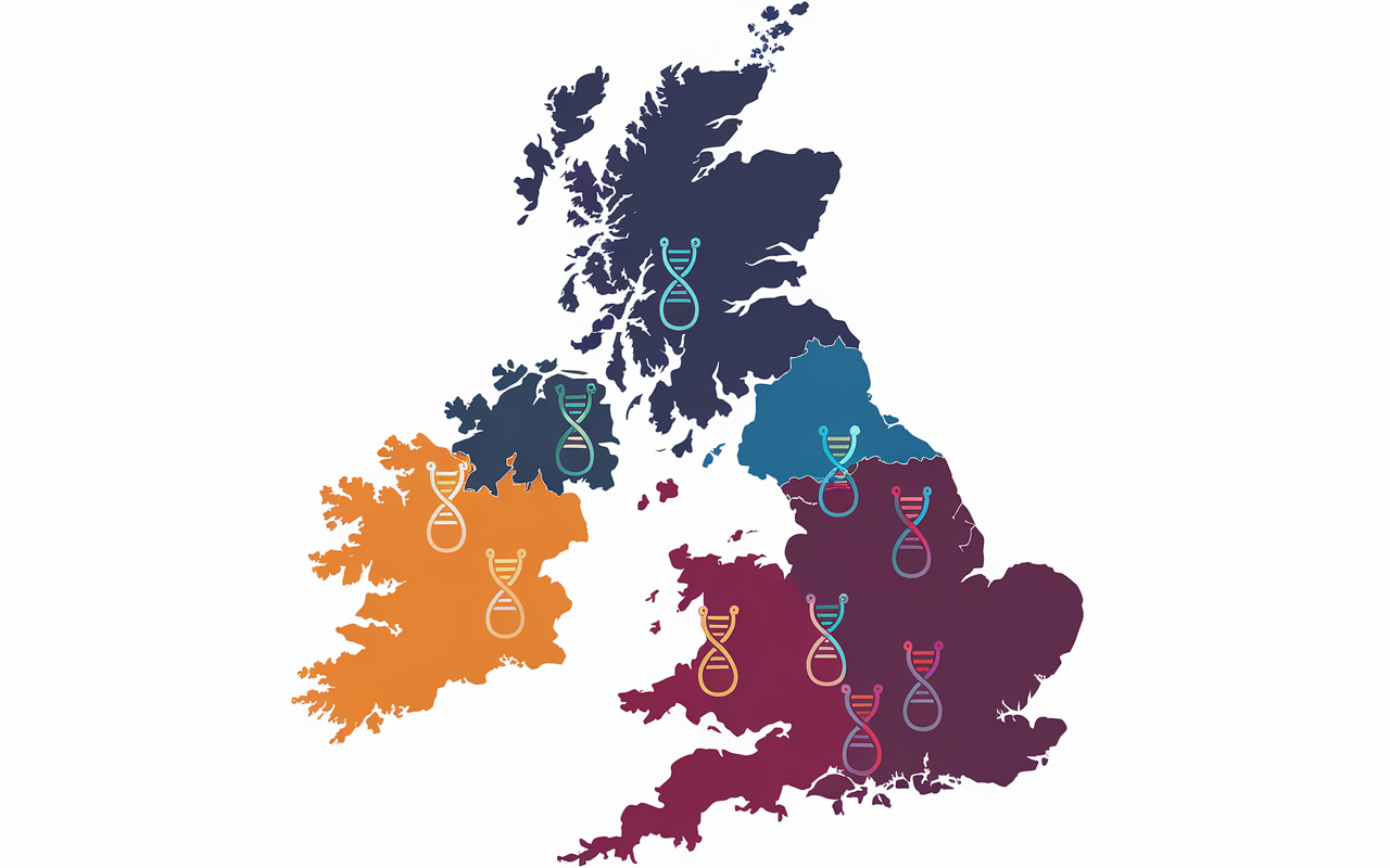 Map of the UK with a biotech symbol overlay