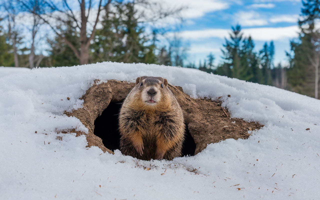 A groundhog peeking out of its burrow on a crisp winter day