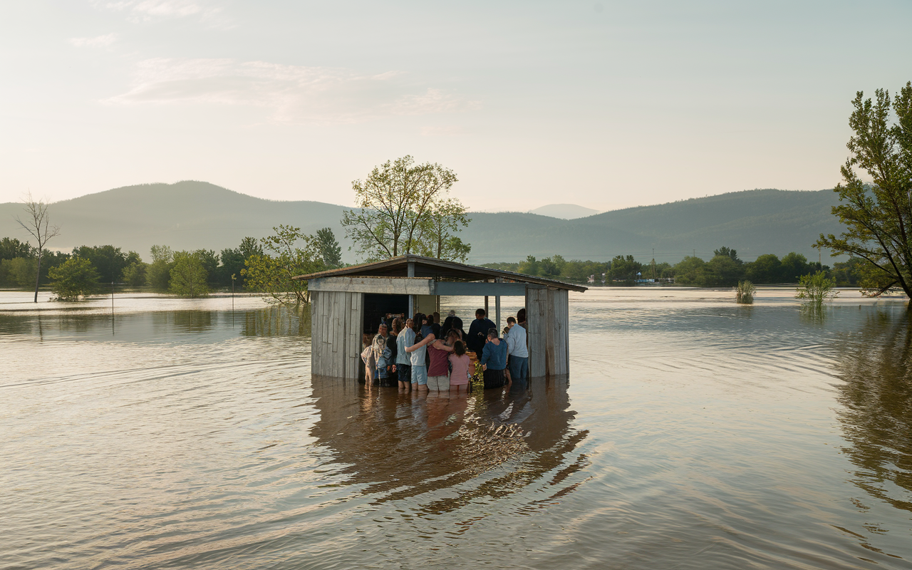 A serene landscape of resilience amidst floods, highlighting community strength
