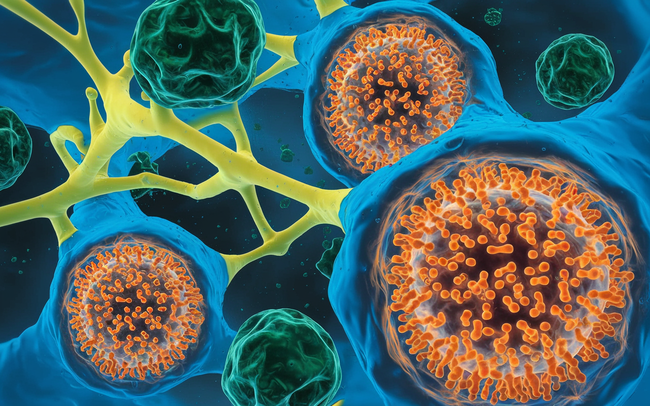 A microscopic view of exosomes transporting healing compounds within the body, vibrant colors, abstract