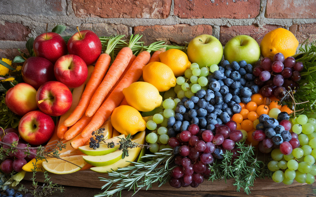 Vibrant fruits and vegetables arranged in a rainbow of colors