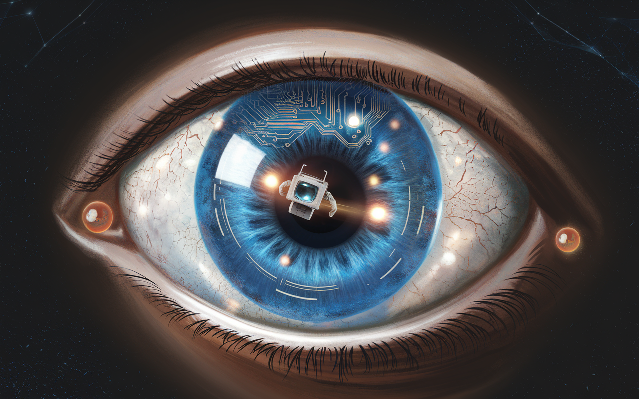 Artistic depiction of an eye with technological elements representing advanced ocular therapies