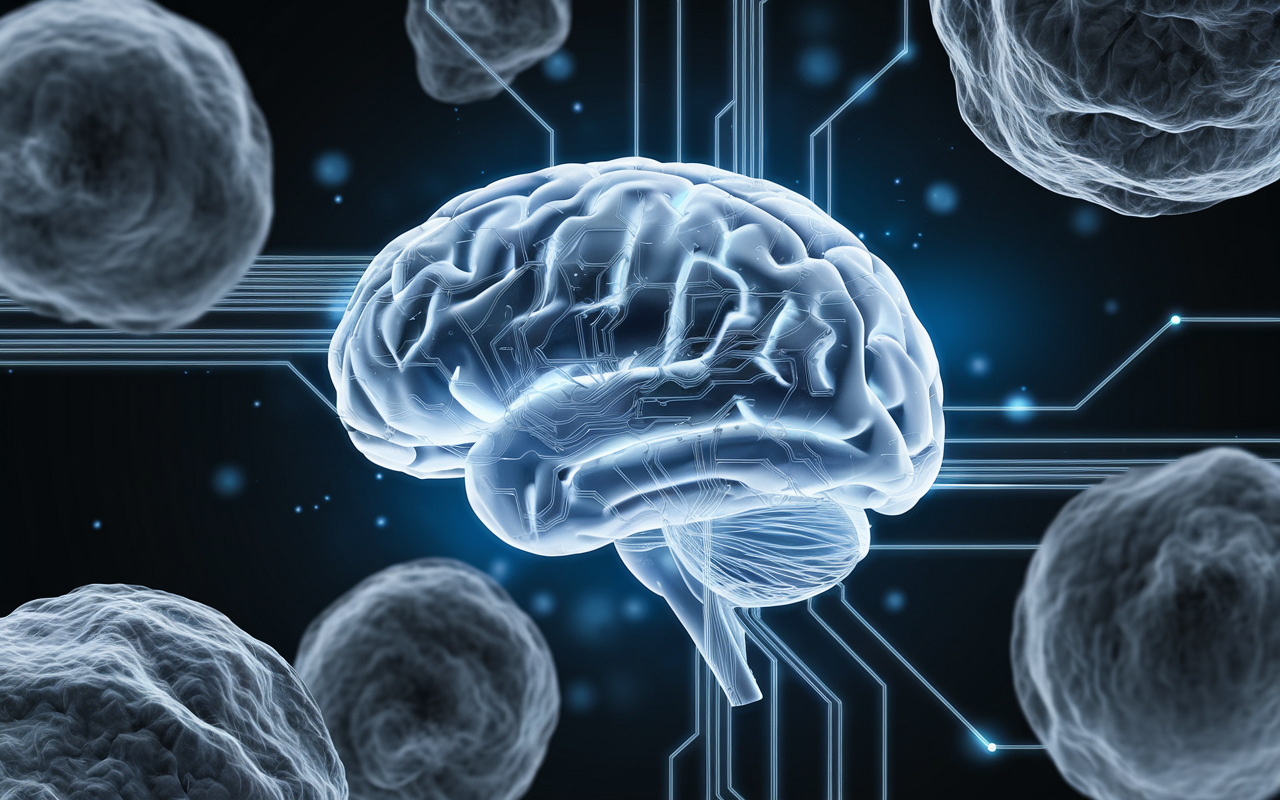 An AI brain merging with microscopic images of cells