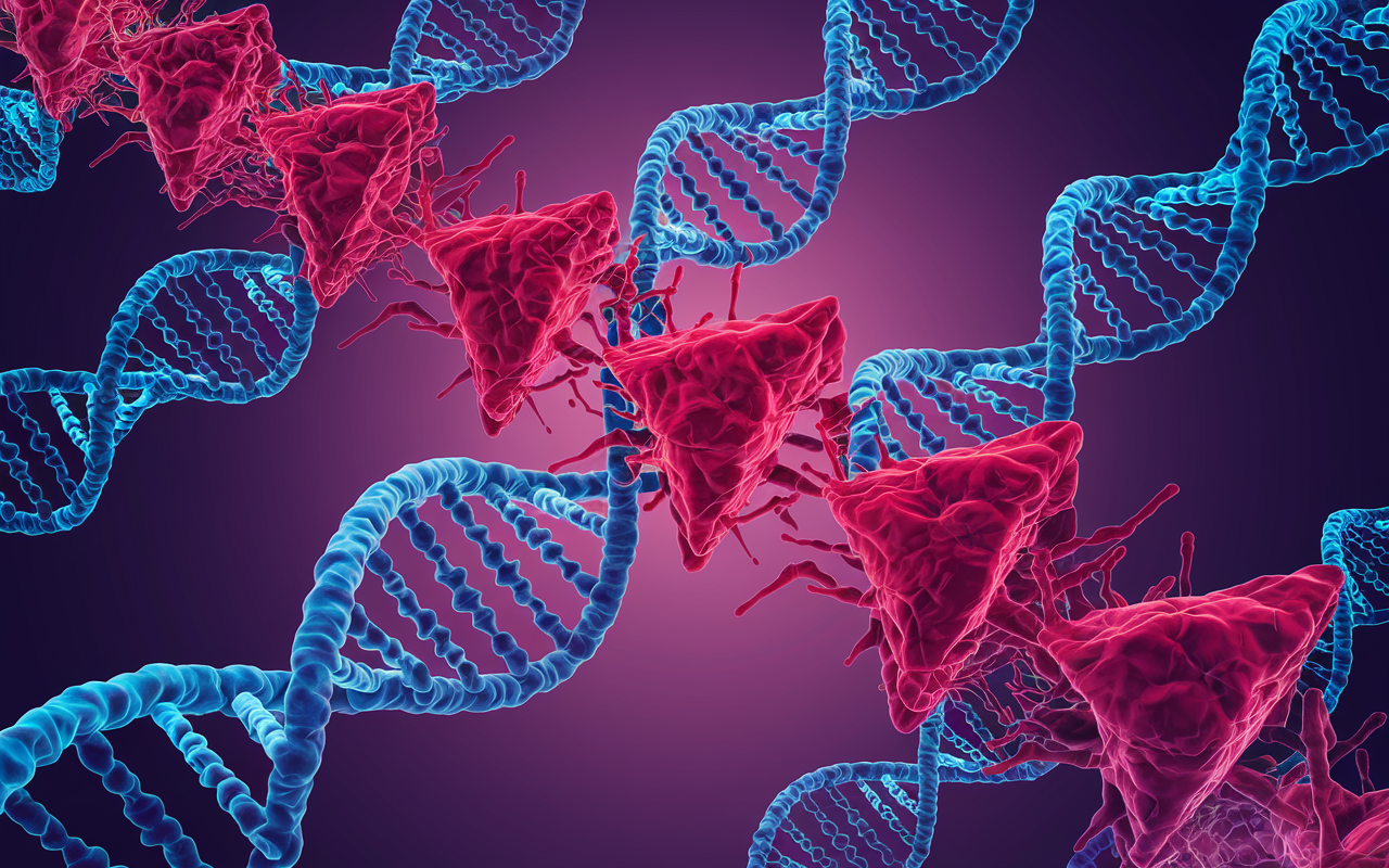 A vibrant illustration of DNA strands transforming into targeted cancer-fighting cells