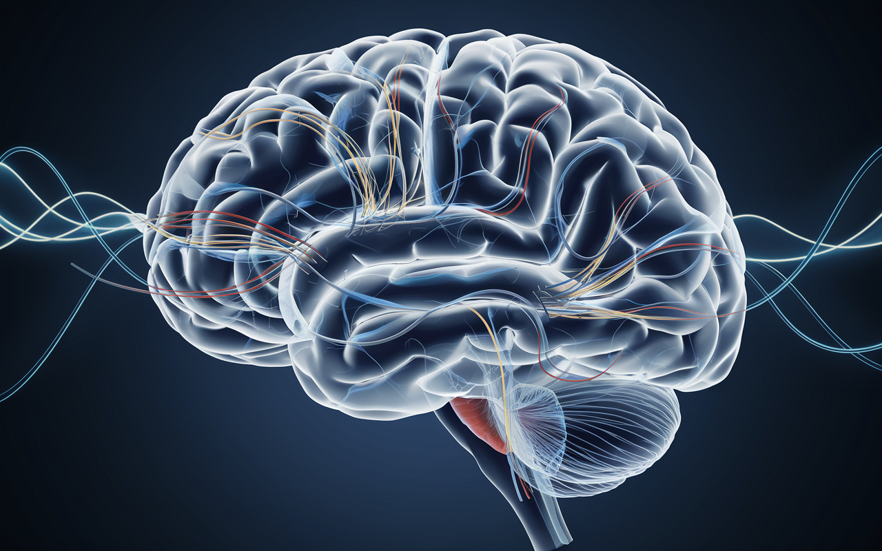 An illustration of a brain with interconnected pathways surrounded by gentle waves representing hormonal balance
