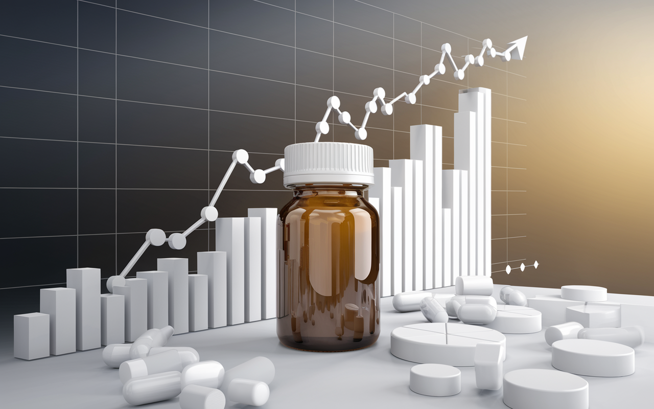Graph showing rising sales figures with medication bottle in foreground
