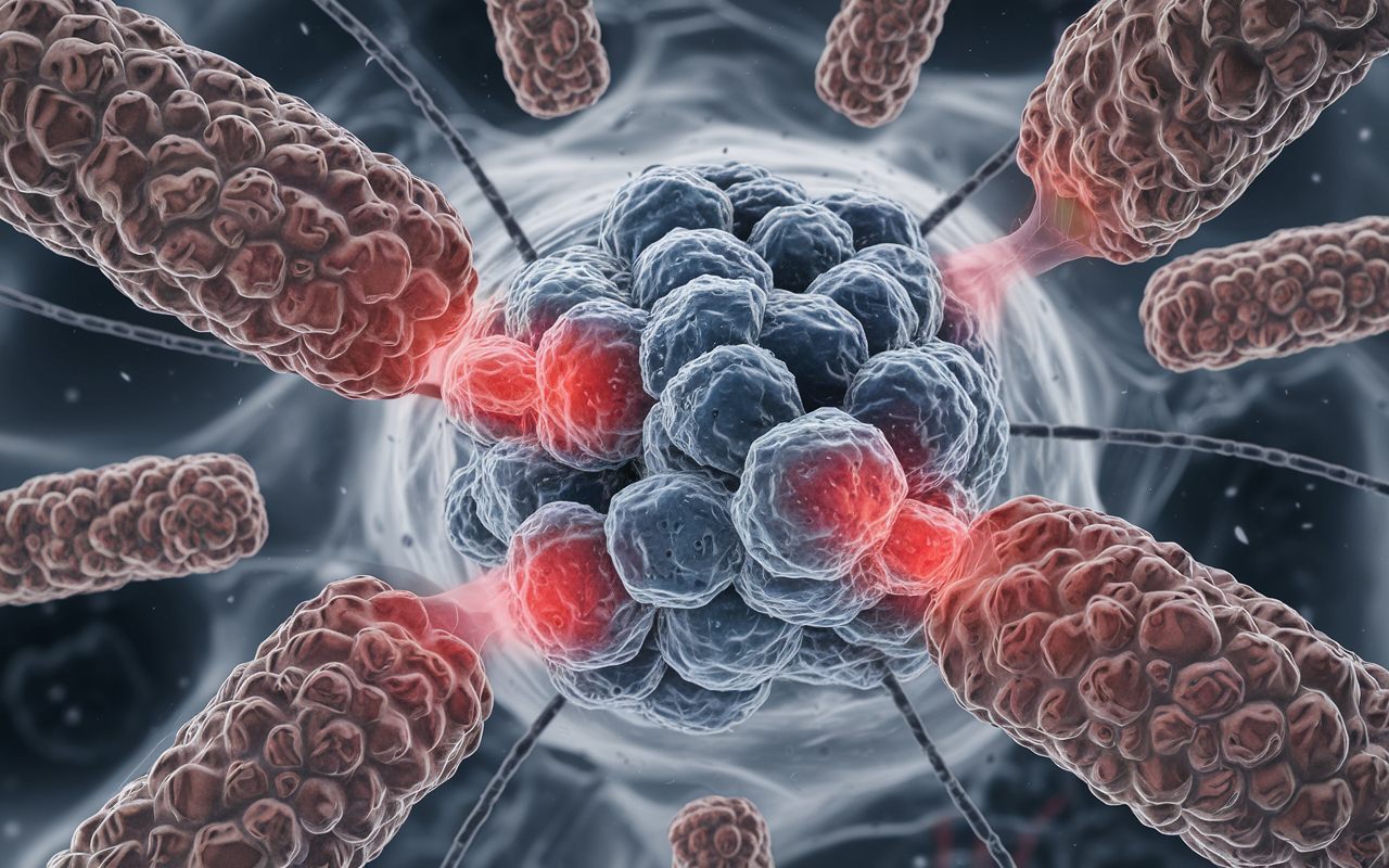 Microscopic image of T-cells targeting cancer cells