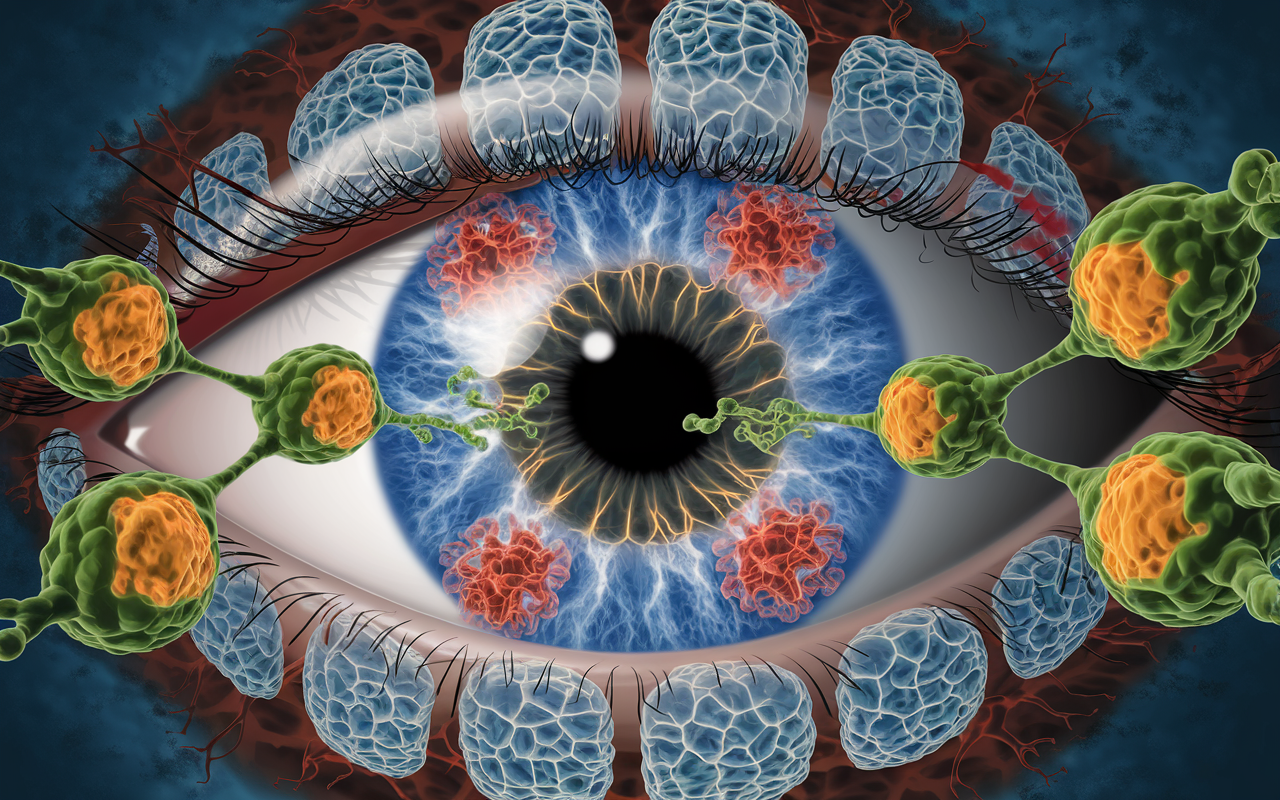 Artistic depiction of an eye with cellular structures representing cancer therapy