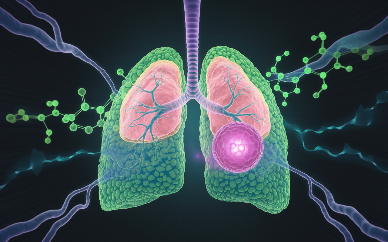 Visualization of lung cells with molecular pathways highlighting treatment impact