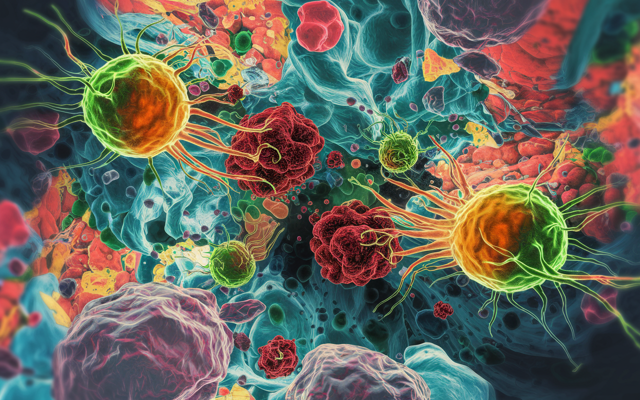 Abstract illustration of T-cells engaging with cancer cells in a vibrant cellular landscape