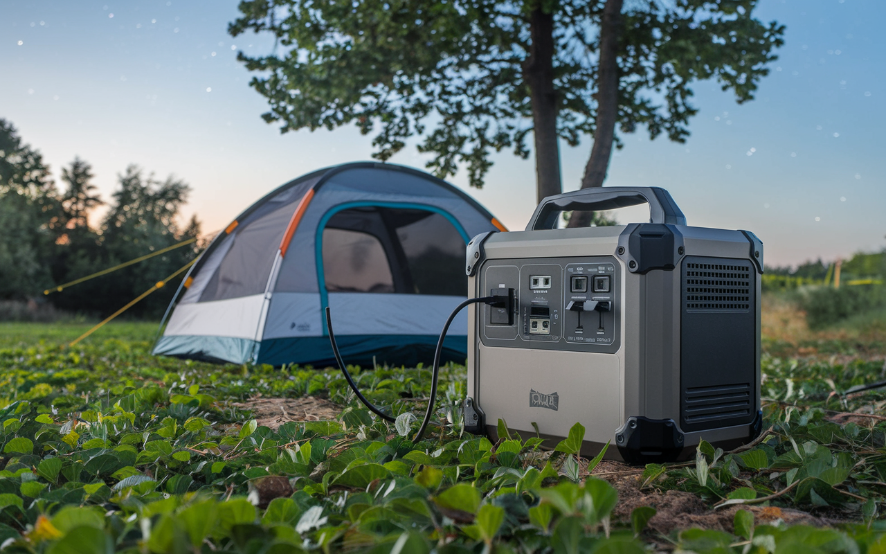 A portable power station set against a serene campsite, symbolizing preparedness and freedom