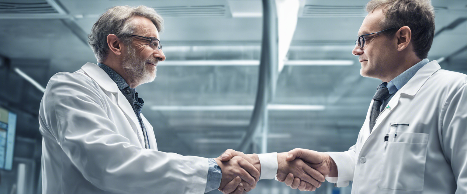 Two scientists shaking hands, one from Roche, one from Adaptimmune