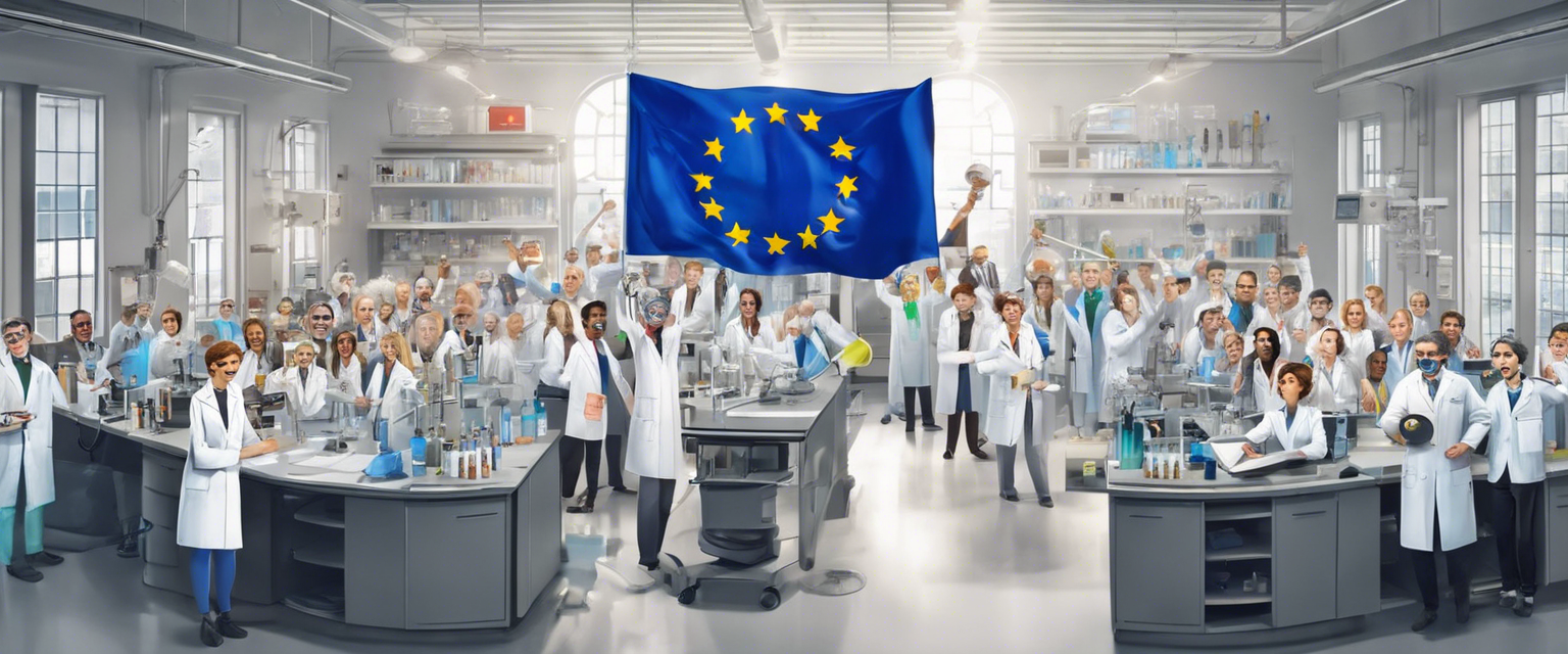 Scientists celebrating, research lab, European flag