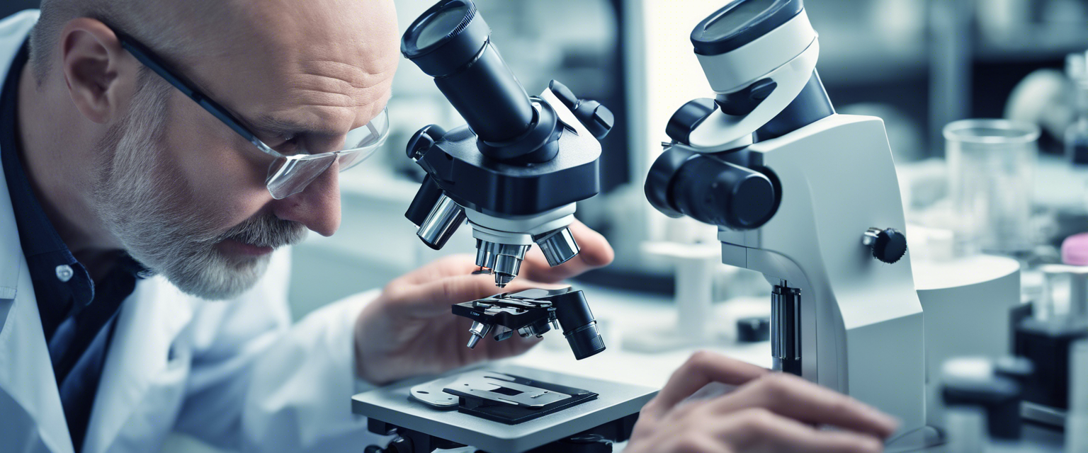 Microscope, lab equipment, scientist examining cancer cells