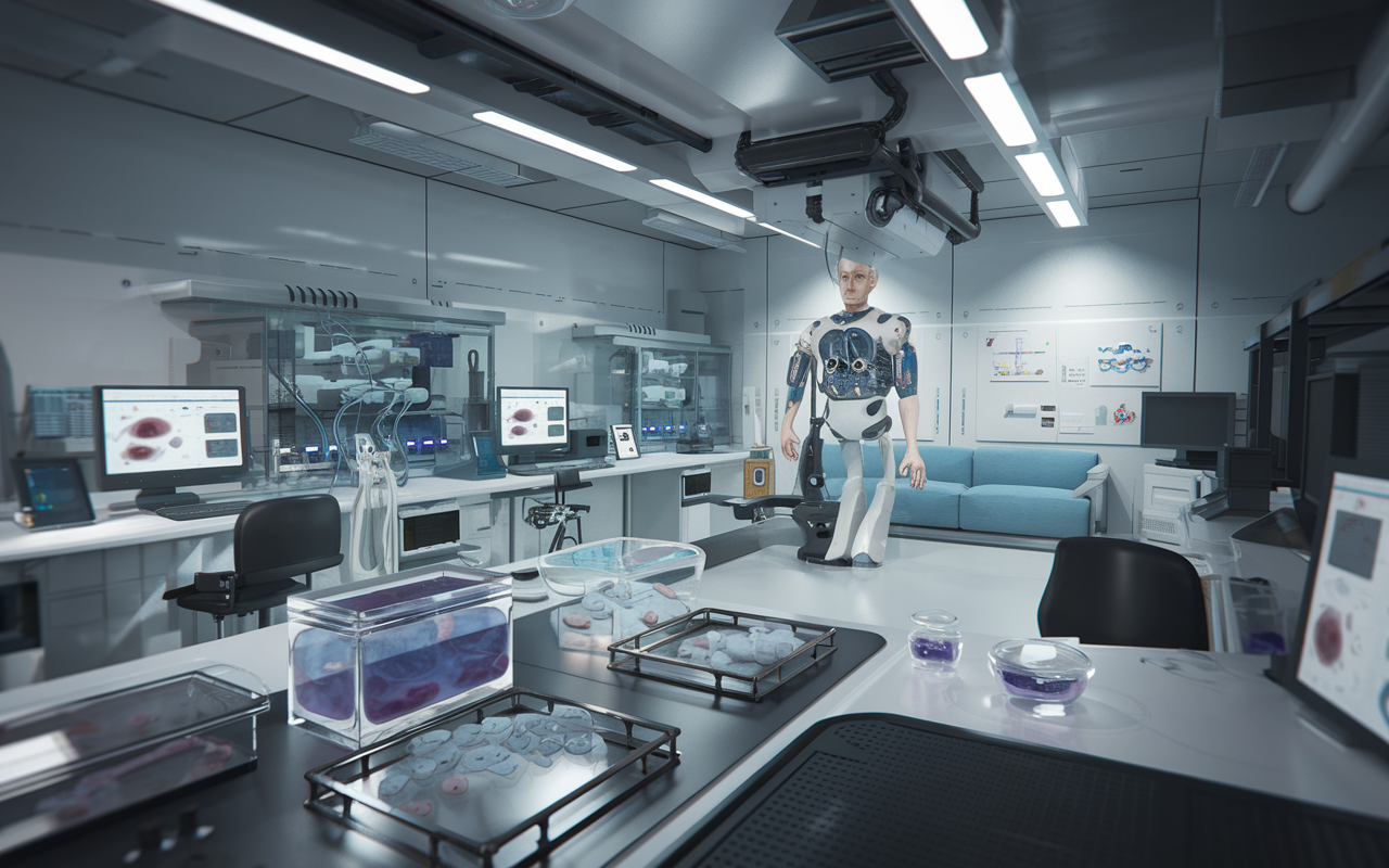 A futuristic lab with advanced cell-based assays replacing animal testing