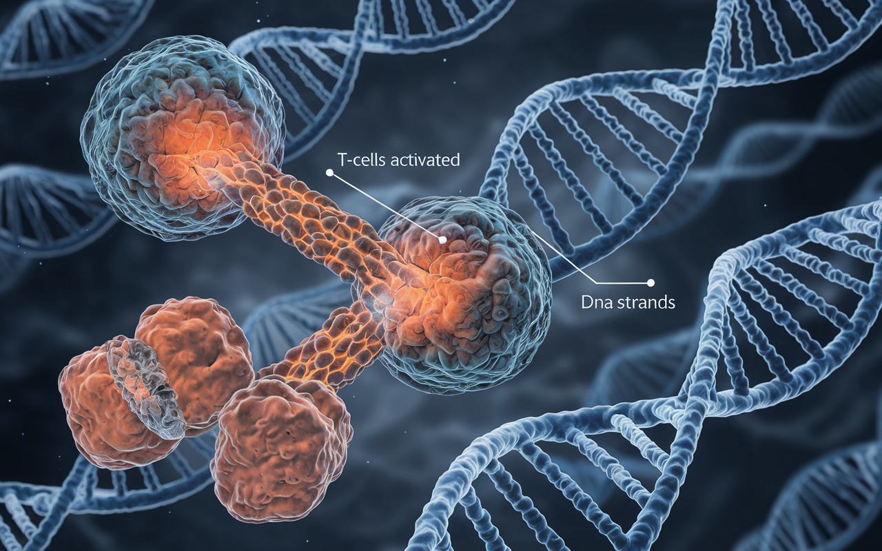 An illustration of immune cells transforming into cancer fighters against a backdrop of DNA strands