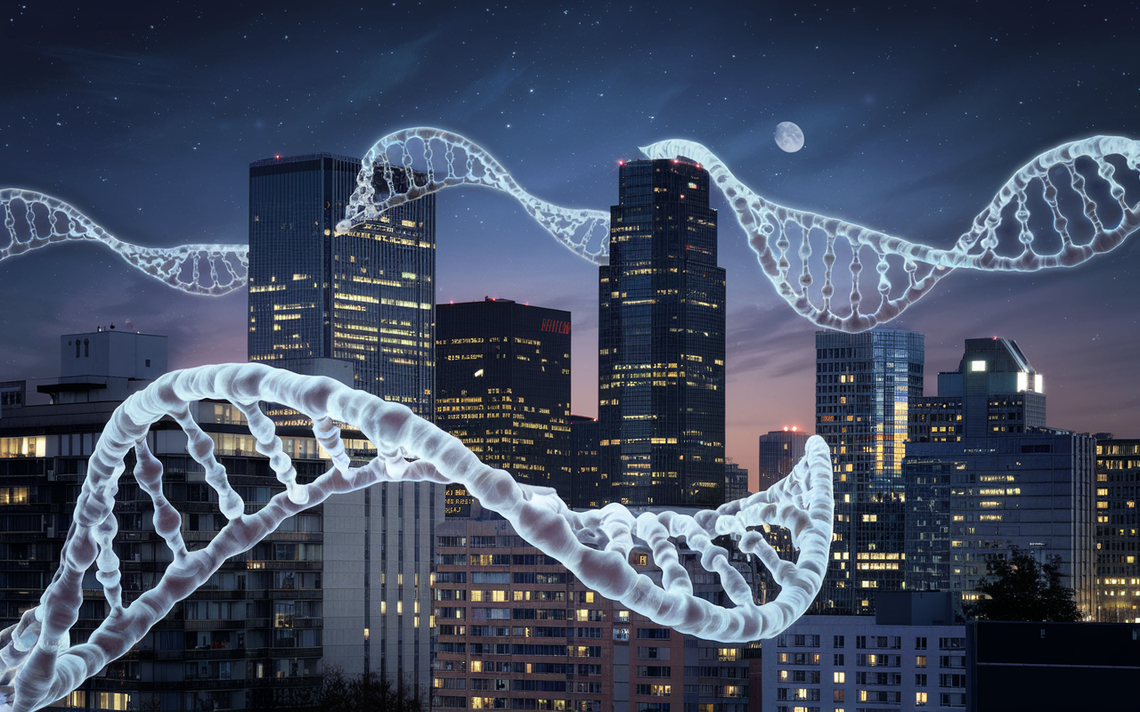 City skyline with DNA strands weaving through the buildings