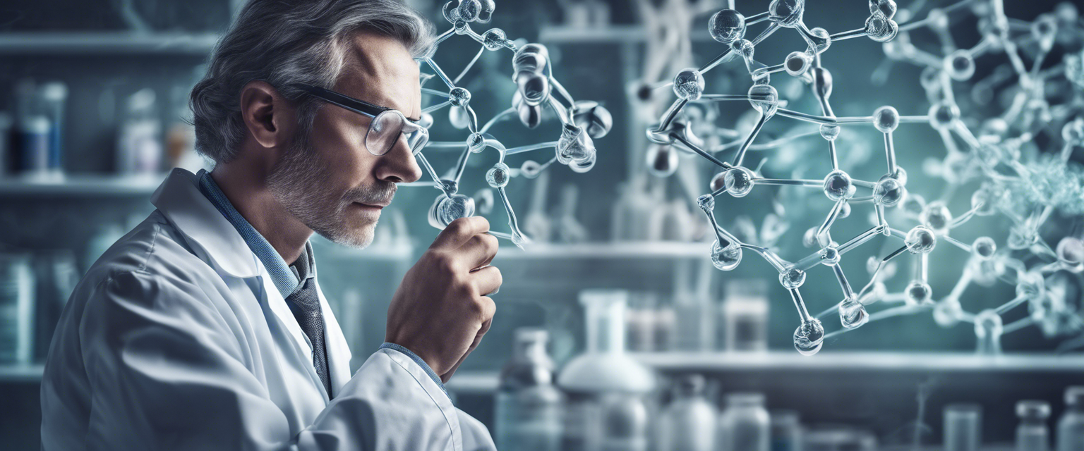 A scientist in a lab coat reviewing a series of molecular structures, representing drug development
