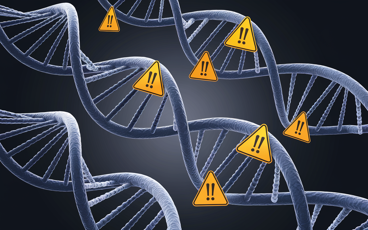 Silhouette of DNA strands with caution signs representing gene therapy risks