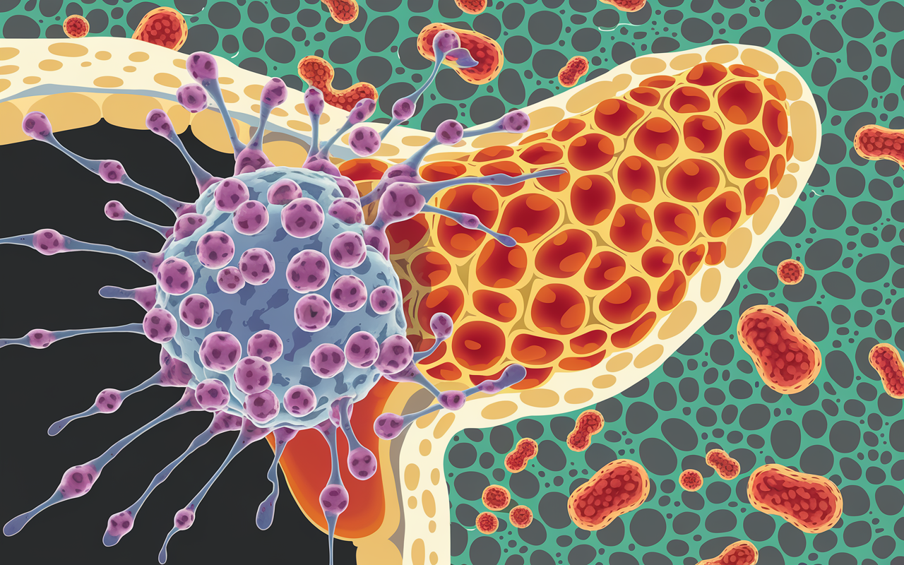 Abstract representation of immune cells targeting cancer cells in the pancreas